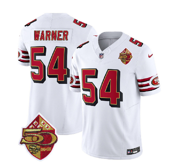 Men's San Francisco 49ers #54 Fred Warner White 2023 F.U.S.E. 50th Patch Throwback Football Stitched Jersey